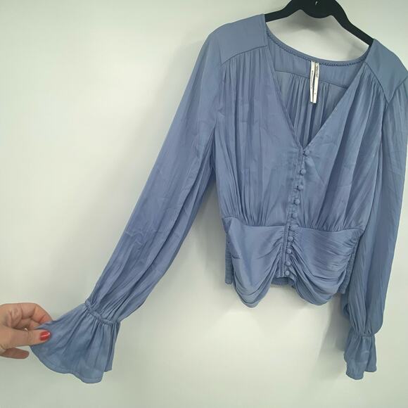 Anthropologie Women's Blue Silky Smocked Poet Sleeve Blouse Top Size Small - Picture 8 of 12